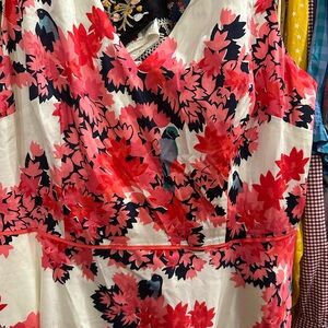 BODEN Blue Bird & Floral Print Fine Cotton Midi Dress Poppy Pink Apron Style 12